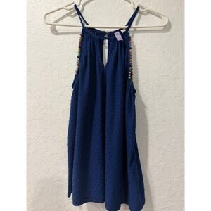 Alya Navy Blue Pom Pom Bead Trim Swiss Dot Halter Tank Top Size S